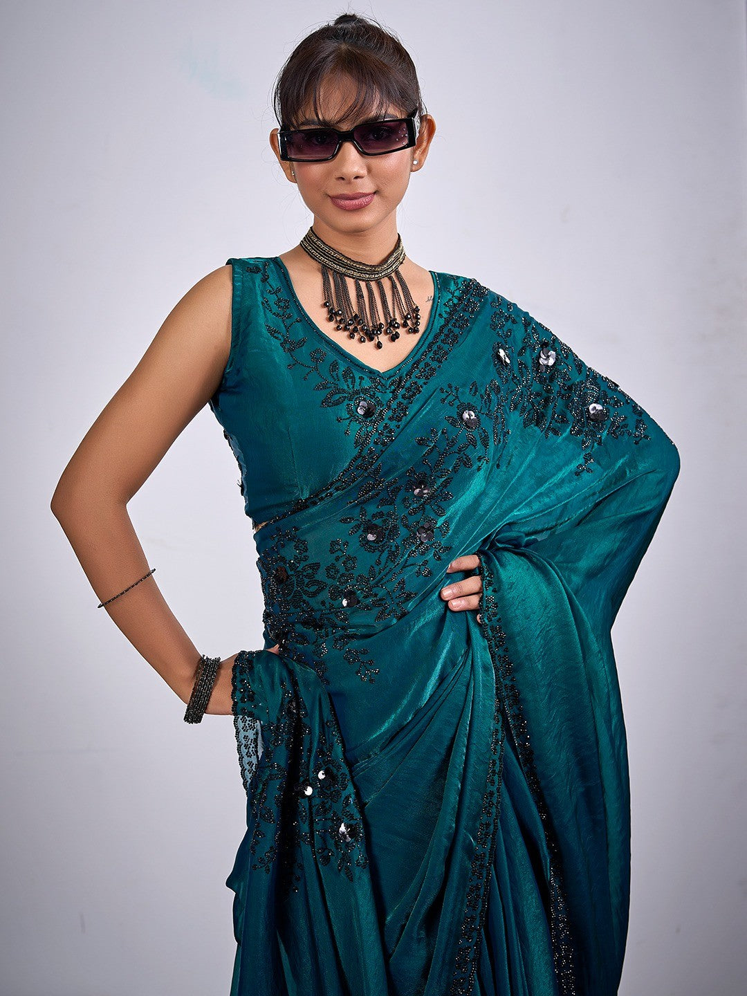 Classic Teal Satin Silk Saree Featuring Stone & Cut Dana Work With Sequin Applic Finish - Image 5