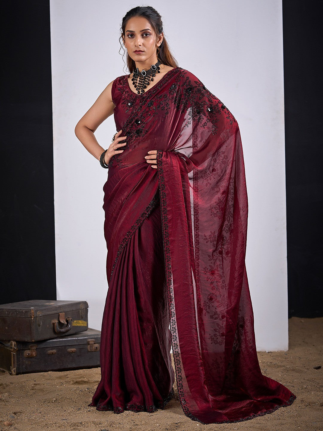 Classic Maroon Satin Silk Saree Featuring Stone & Cut Dana Work With Sequin Applic Finish - Image 1
