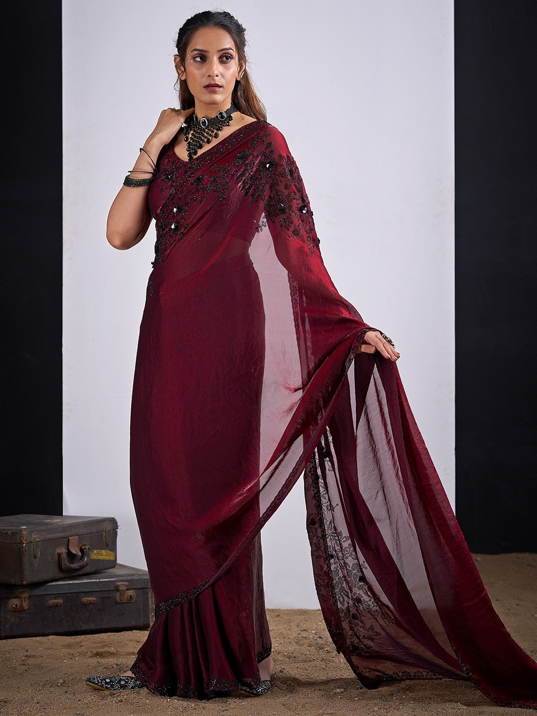 Classic Maroon Satin Silk Saree Featuring Stone & Cut Dana Work With Sequin Applic Finish - Image 3