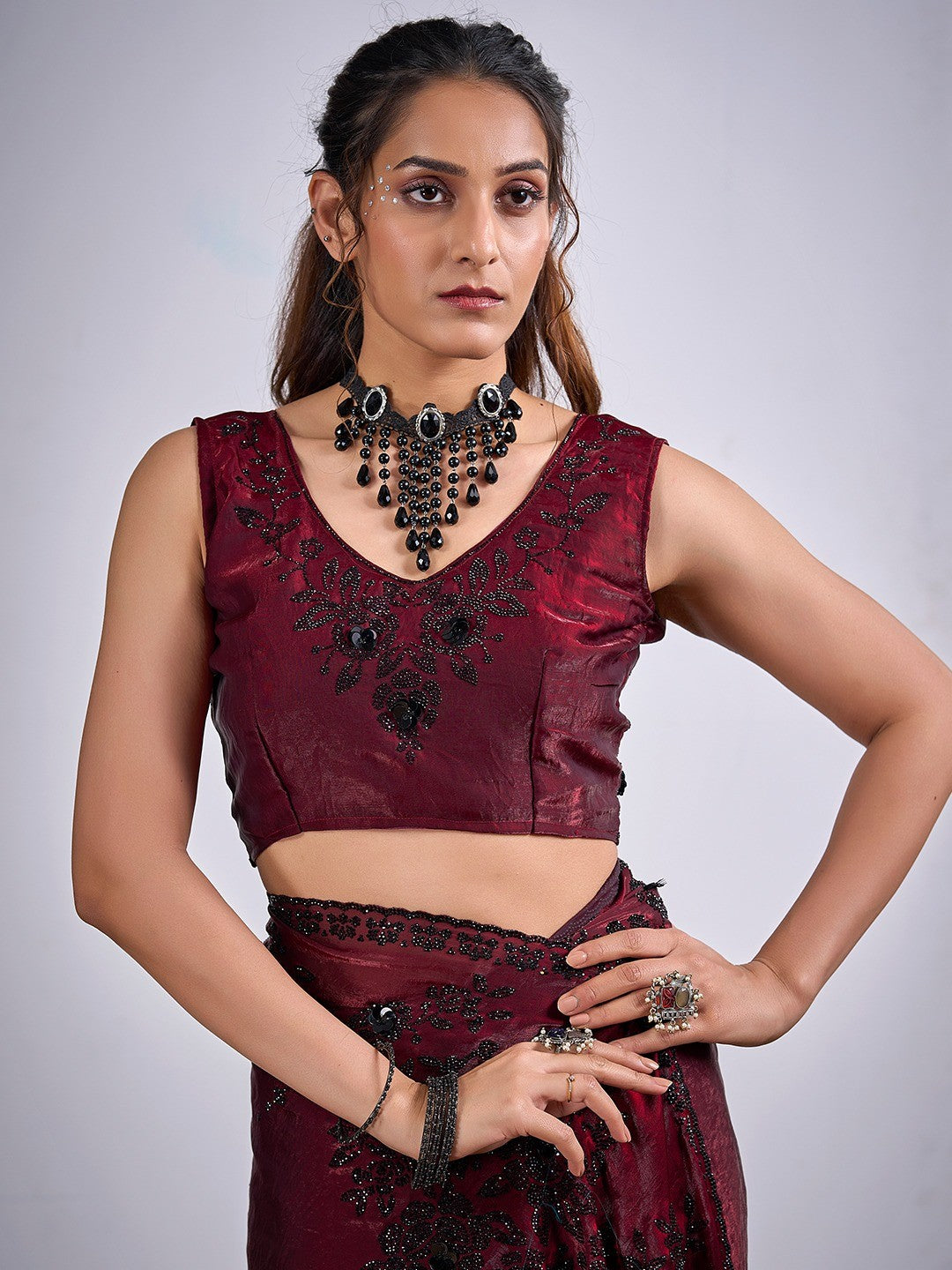 Classic Maroon Satin Silk Saree Featuring Stone & Cut Dana Work With Sequin Applic Finish - Image 5