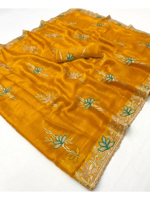 Elegant Yellow Satin Saree with Designer Embroidery and Stone Work - Image 2