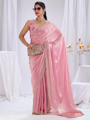 Premium Pink Art Silk Saree With Stone & Cutdhana Border Embellishment - Image 1