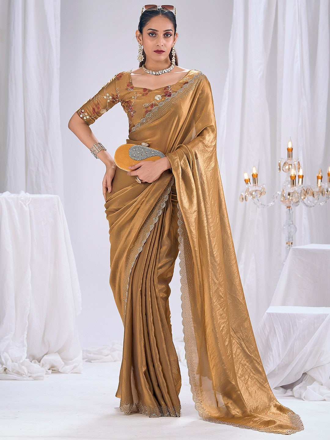 Premium Golden Art Silk Saree With Stone & Cutdhana Border Embellishment - Image 1