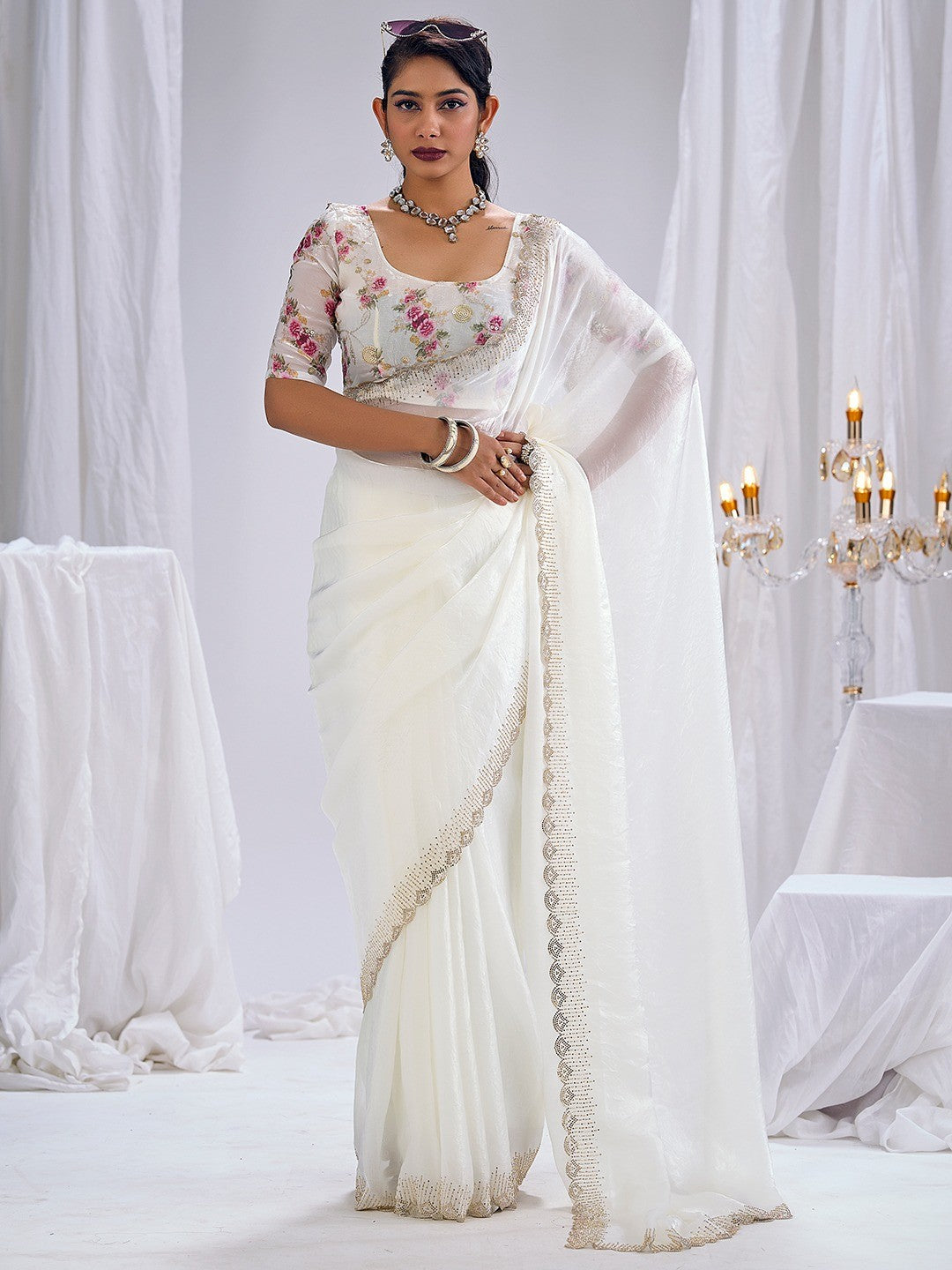 Premium White Art Silk Saree With Stone & Cutdhana Border Embellishment - Image 1