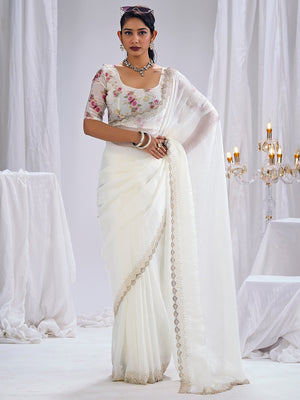Premium White Art Silk Saree With Stone & Cutdhana Border Embellishment - Image 1