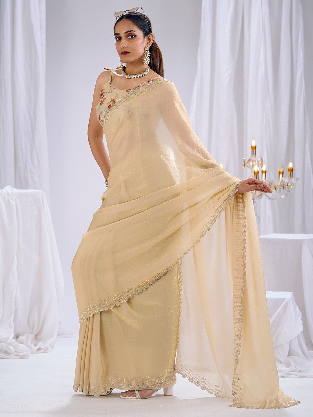 Premium Cream Art Silk Saree With Stone & Cutdhana Border Embellishment - Image 3