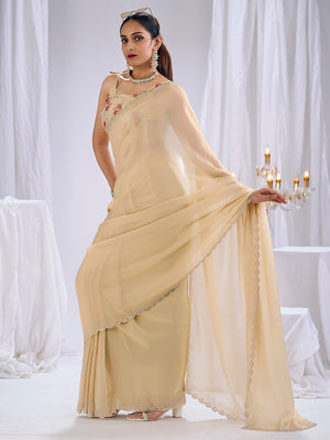 Premium Cream Art Silk Saree With Stone & Cutdhana Border Embellishment - Image 2