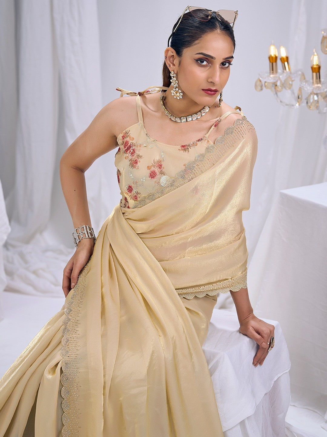 Premium Cream Art Silk Saree With Stone & Cutdhana Border Embellishment - Image 4