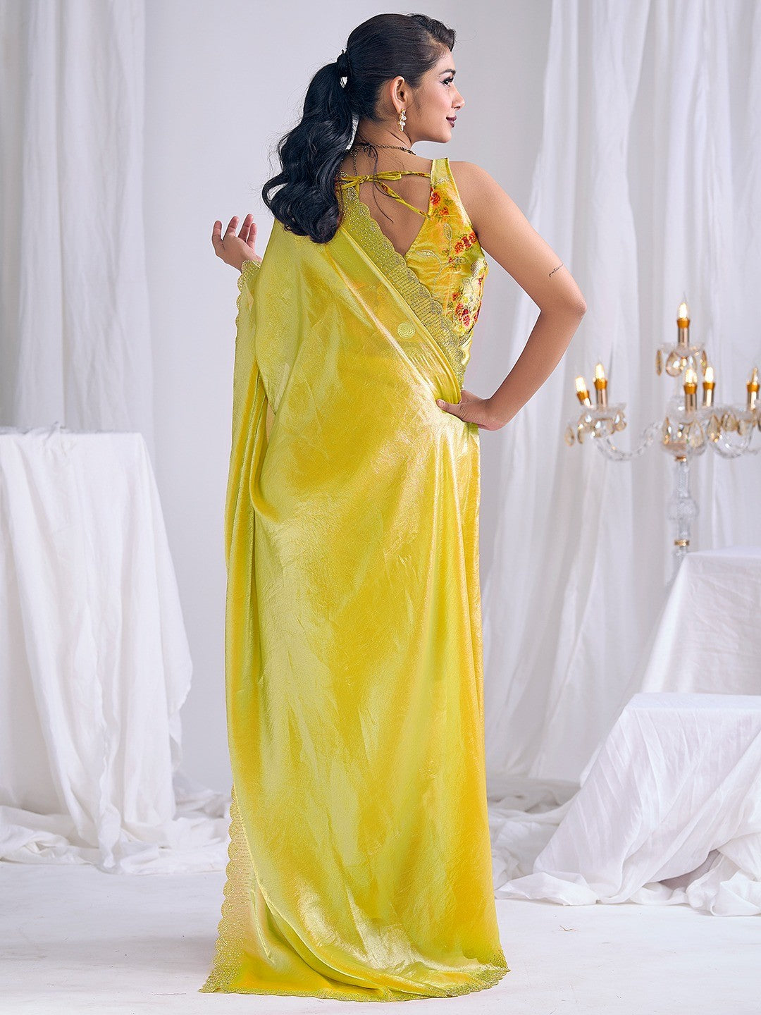 Premium Lemon Yellow Art Silk Saree With Stone & Cutdhana Border Embellishment - Image 2