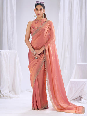 Premium Peach Art Silk Saree With Stone & Cutdhana Border Embellishment - Image 1