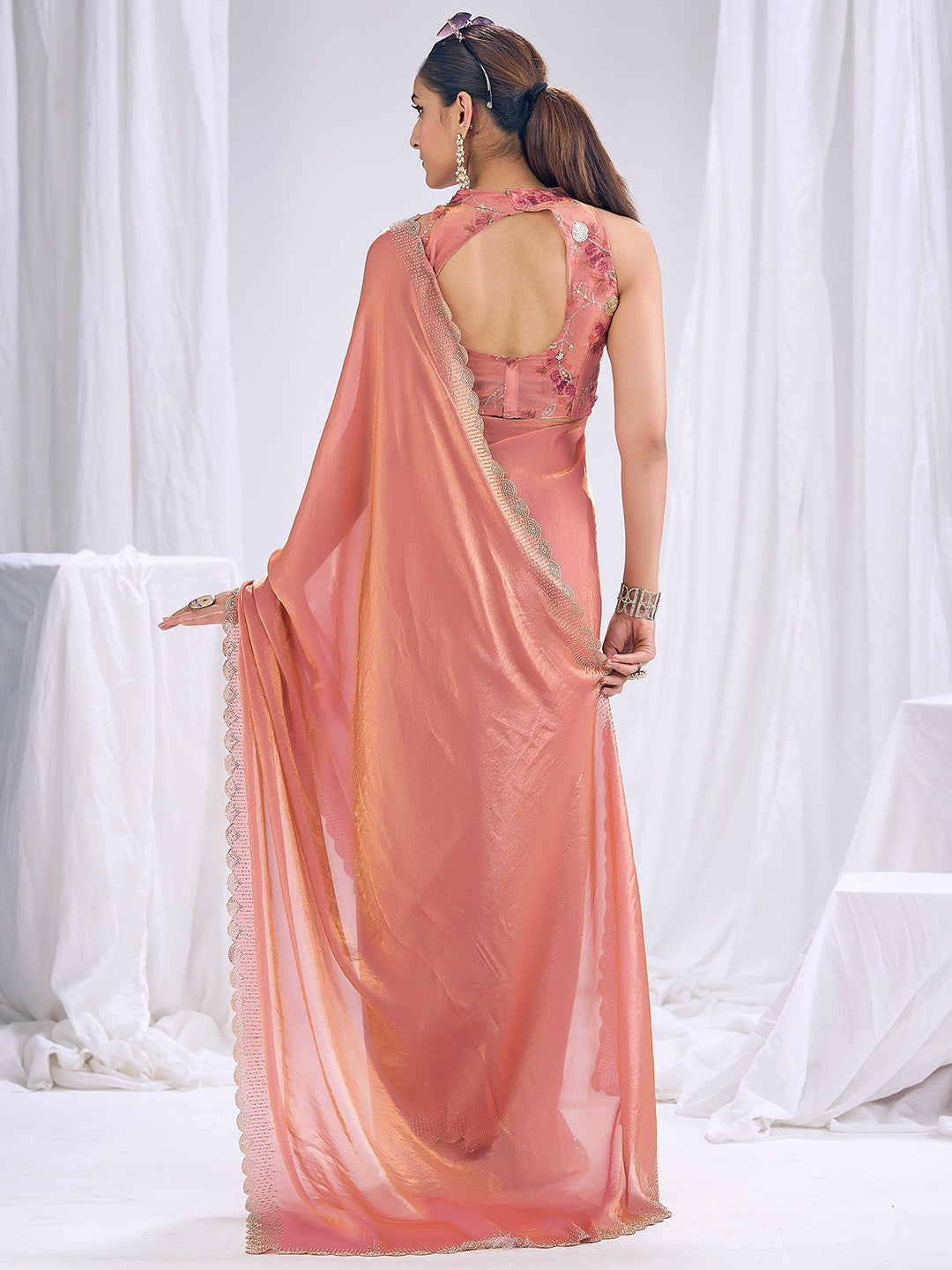 Premium Peach Art Silk Saree With Stone & Cutdhana Border Embellishment - Image 4
