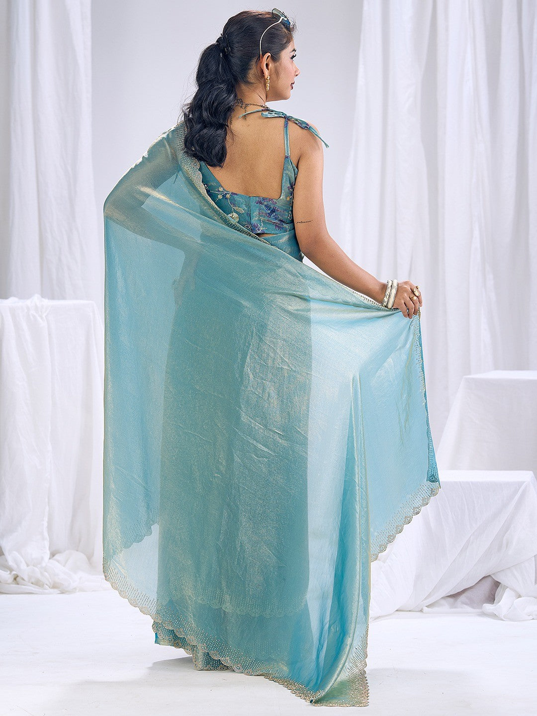 Premium Blue Art Silk Saree With Stone & Cutdhana Border Embellishment - Image 3
