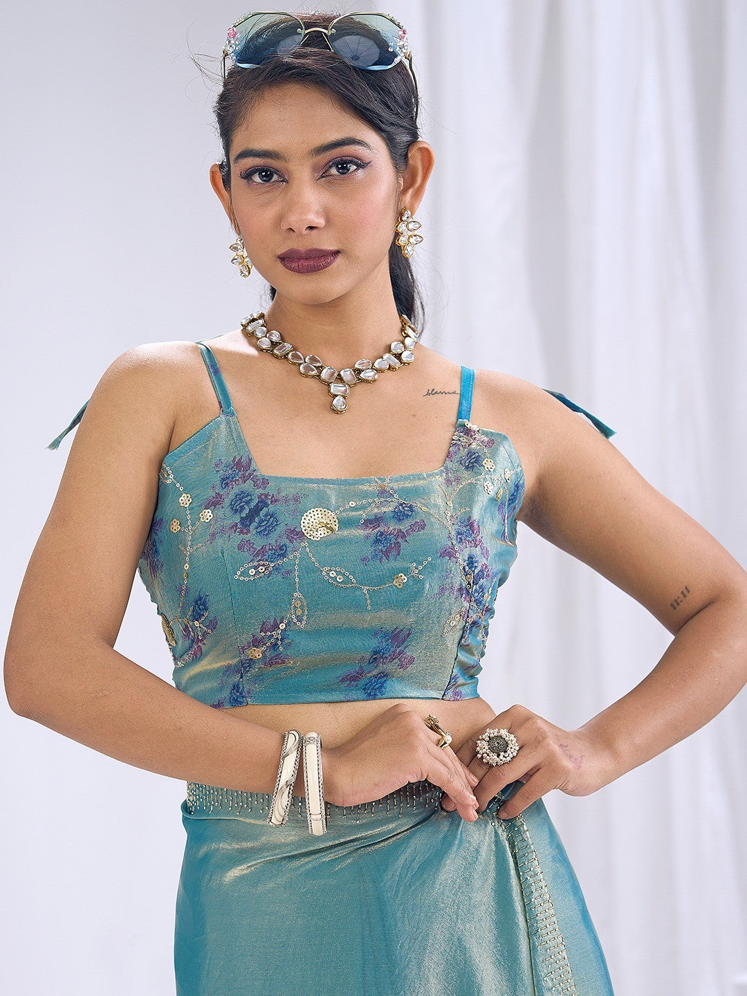 Premium Blue Art Silk Saree With Stone & Cutdhana Border Embellishment - Image 4