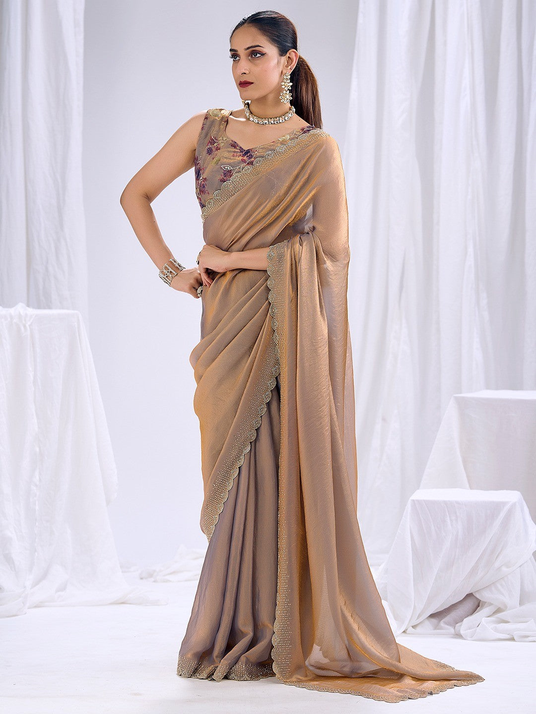Premium Beige Art Silk Saree With Stone & Cutdhana Border Embellishment - Image 1