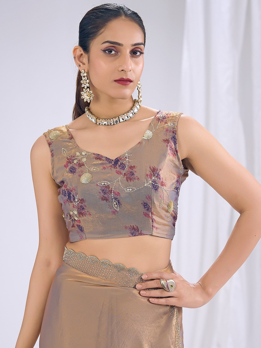 Premium Beige Art Silk Saree With Stone & Cutdhana Border Embellishment - Image 4