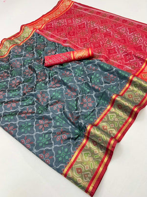 Elegant Grey Art Silk Patola Weaving Saree with Fancy Red Border and Pallu - Image 2
