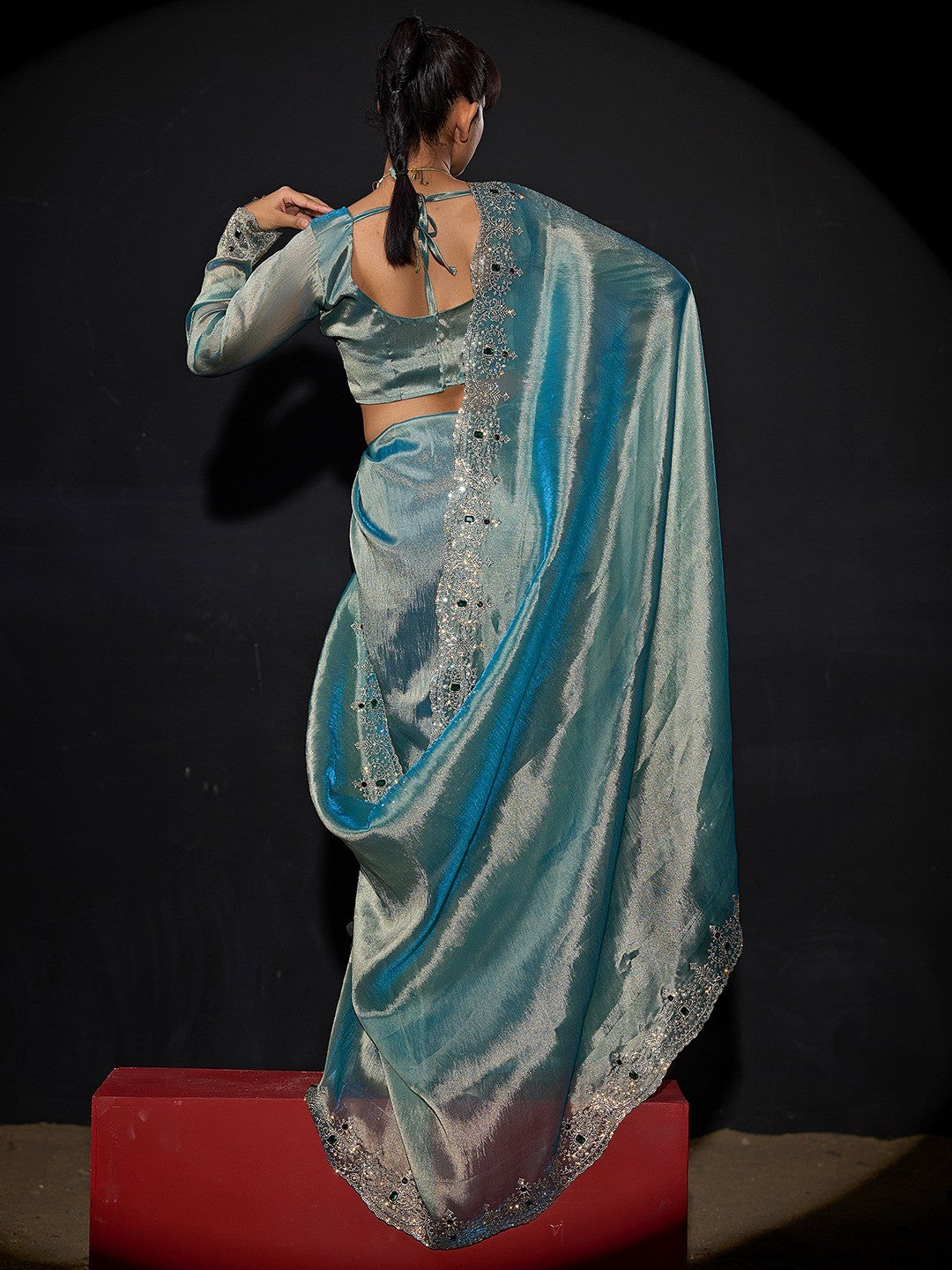 Elegant Sky Blue Kanjivaram Silk Saree With Heavy Stone Work & Pure Kundan Border Detailing - Image 4
