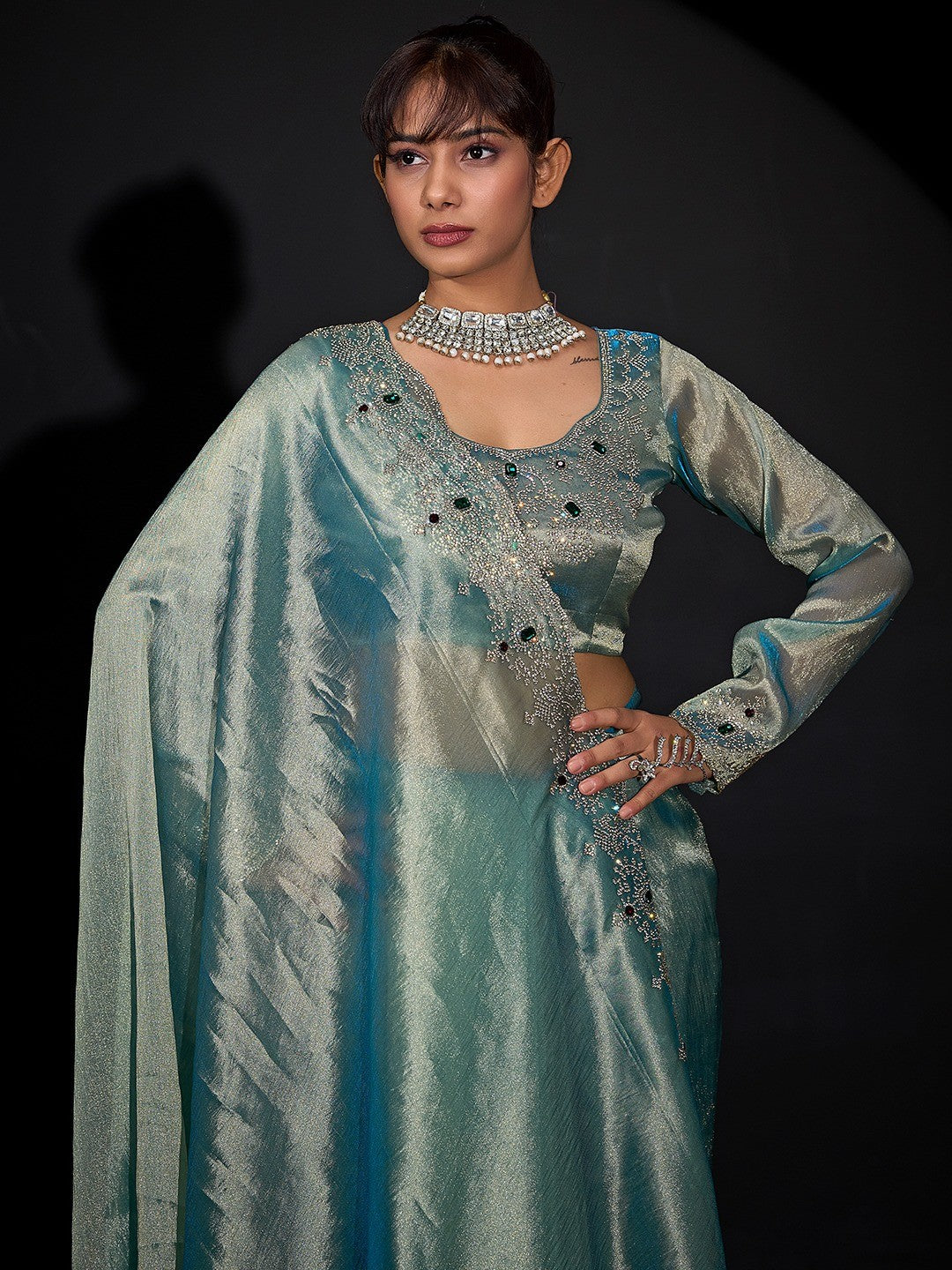 Elegant Sky Blue Kanjivaram Silk Saree With Heavy Stone Work & Pure Kundan Border Detailing - Image 3