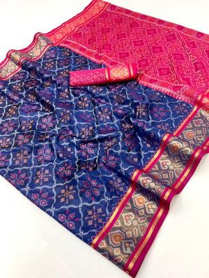 Navy Blue Art Silk Patola Weaving Saree with Fancy Border and Blouse - Image 2