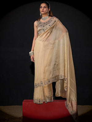 Elegant Cream Kanjivaram Silk Saree With Heavy Stone Work & Pure Kundan Border Detailing - Image 1