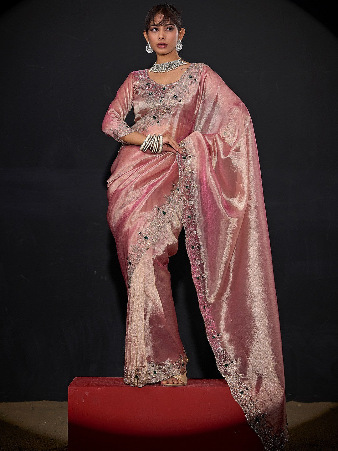 Elegant Pink Kanjivaram Silk Saree With Heavy Stone Work & Pure Kundan Border Detailing - Image 1