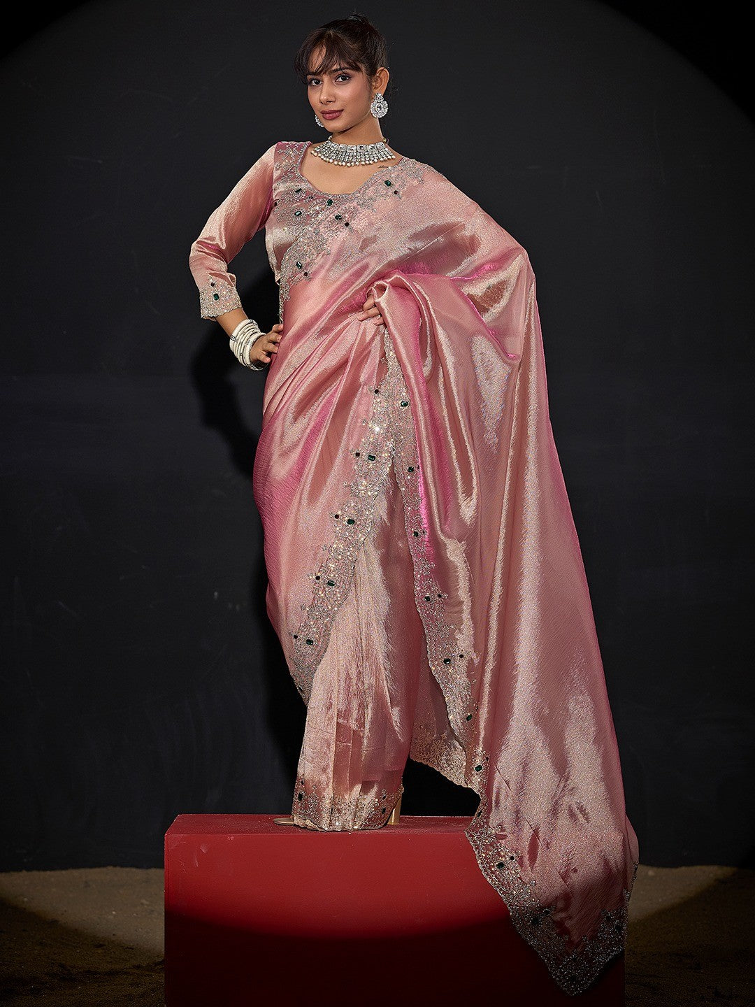 Elegant Pink Kanjivaram Silk Saree With Heavy Stone Work & Pure Kundan Border Detailing - Image 4