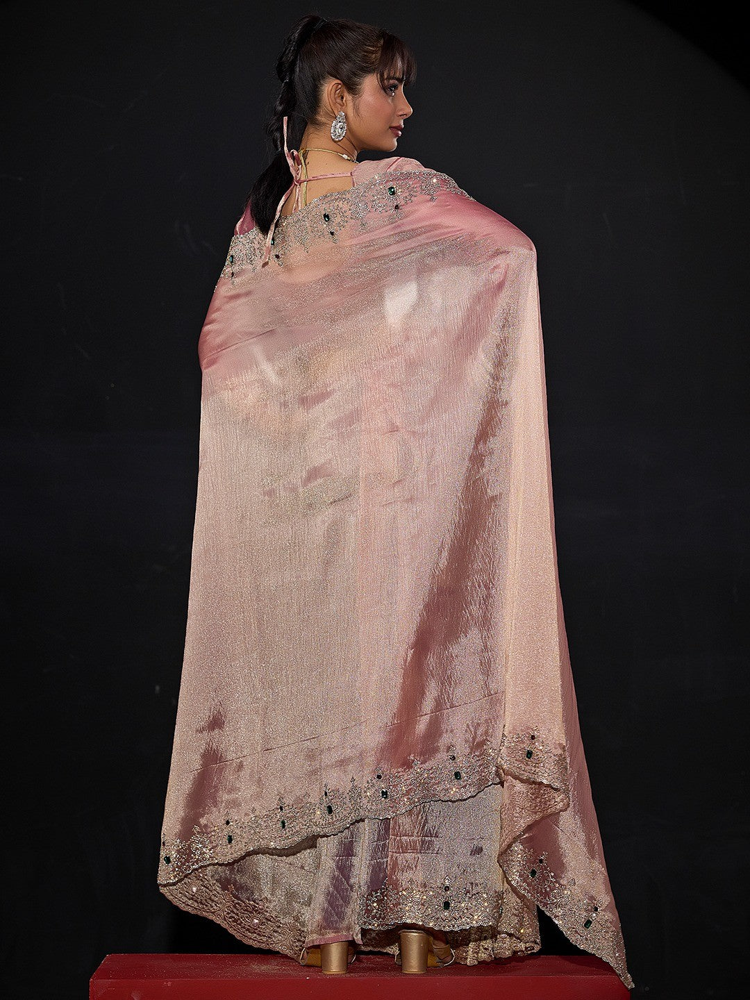 Elegant Pink Kanjivaram Silk Saree With Heavy Stone Work & Pure Kundan Border Detailing - Image 5
