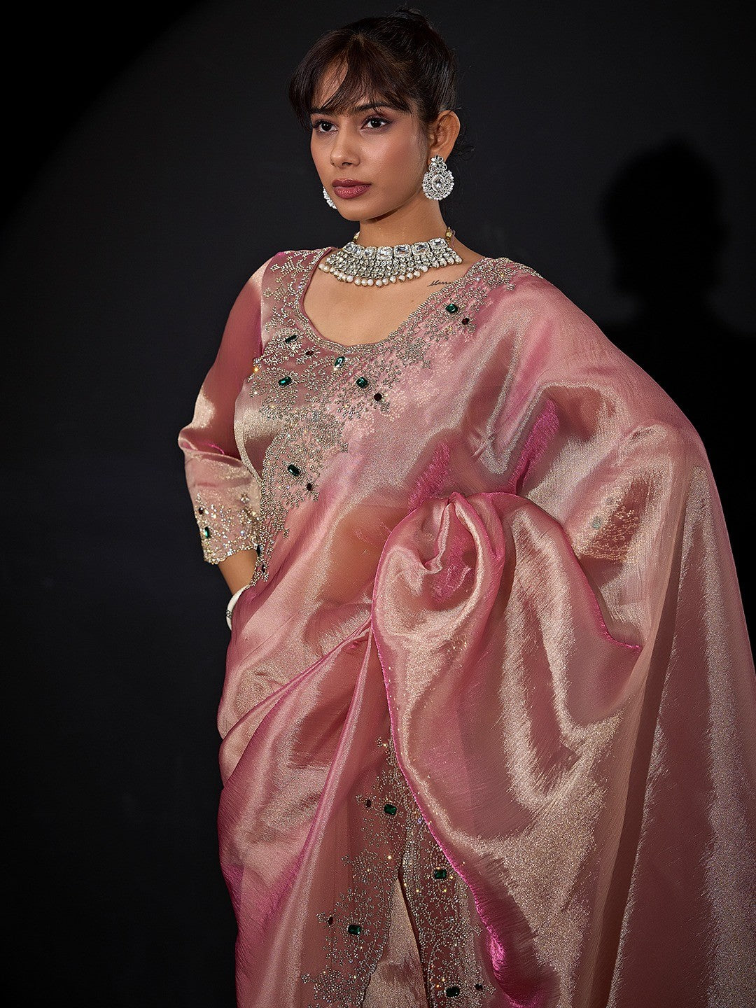 Elegant Pink Kanjivaram Silk Saree With Heavy Stone Work & Pure Kundan Border Detailing - Image 3