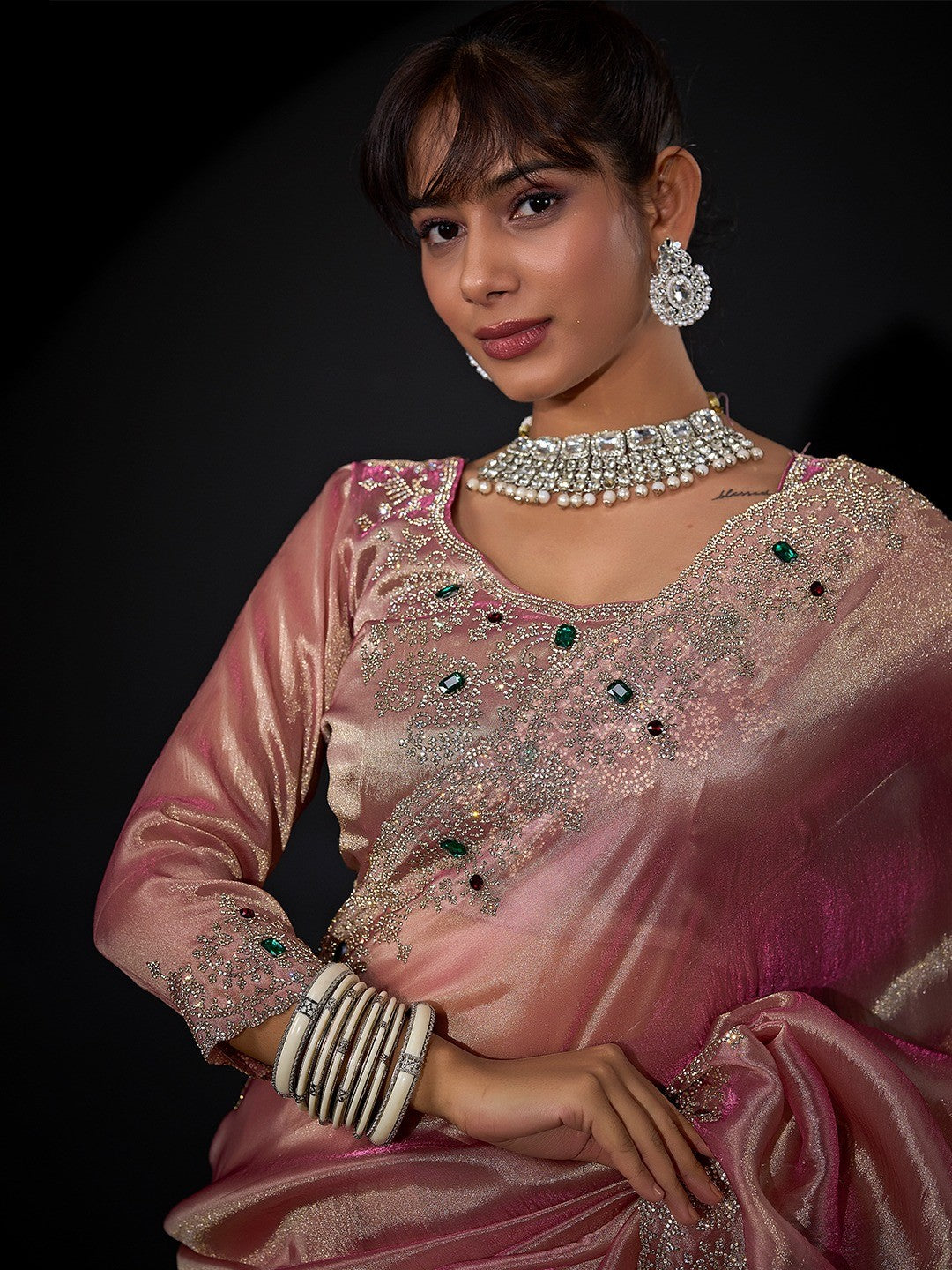Elegant Pink Kanjivaram Silk Saree With Heavy Stone Work & Pure Kundan Border Detailing - Image 6