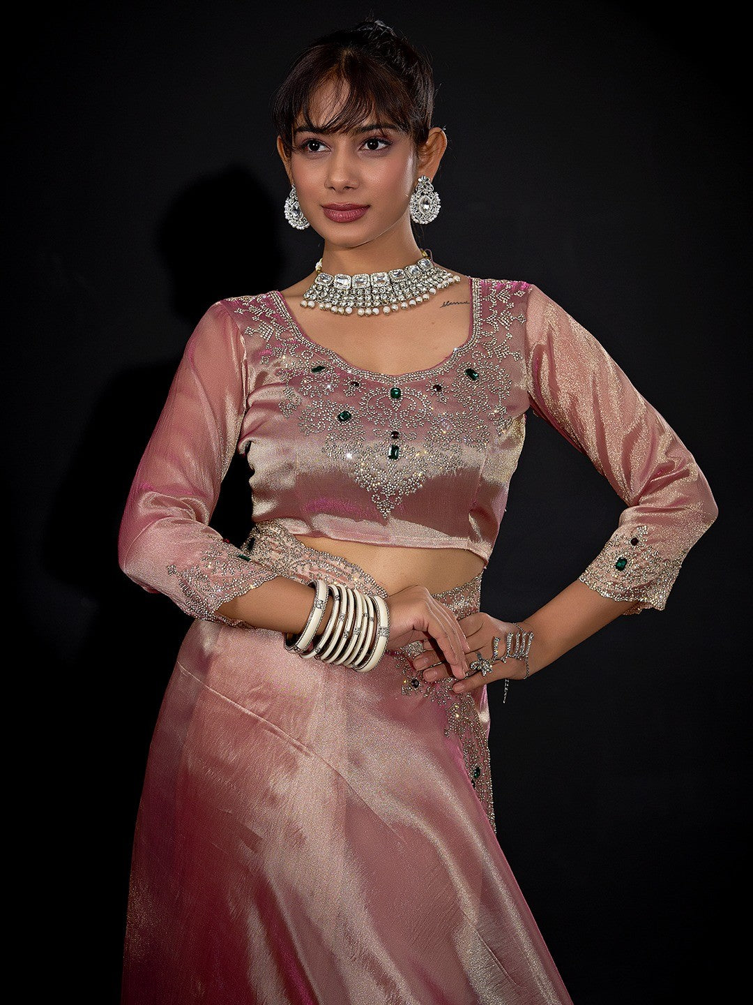 Elegant Pink Kanjivaram Silk Saree With Heavy Stone Work & Pure Kundan Border Detailing - Image 2