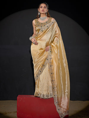 Elegant Golden Kanjivaram Silk Saree With Heavy Stone Work & Pure Kundan Border Detailing - Image 1
