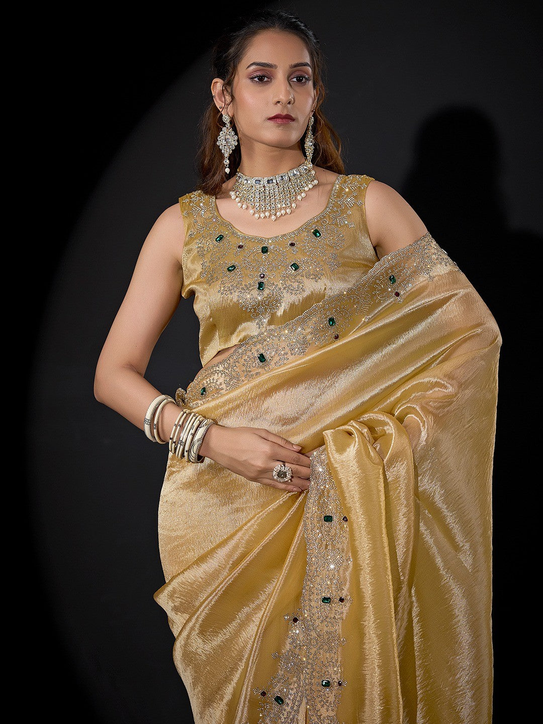 Elegant Golden Kanjivaram Silk Saree With Heavy Stone Work & Pure Kundan Border Detailing - Image 4