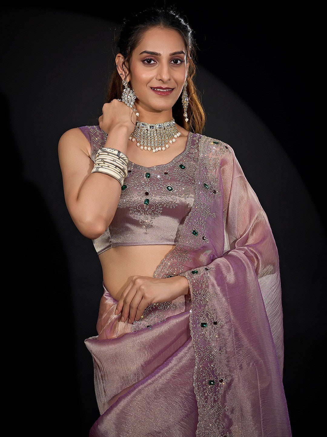 Elegant Lavender Kanjivaram Silk Saree With Heavy Stone Work & Pure Kundan Border Detailing - Image 3