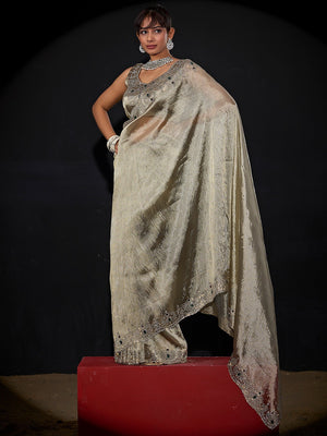 Elegant Grey Kanjivaram Silk Saree With Heavy Stone Work & Pure Kundan Border Detailing - Image 2