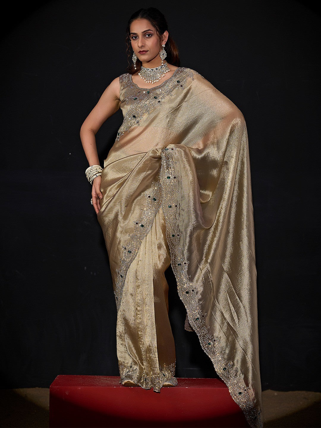 Elegant Chikoo Kanjivaram Silk Saree With Heavy Stone Work & Pure Kundan Border Detailing - Image 1