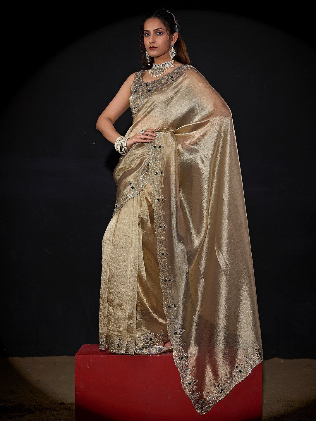 Elegant Chikoo Kanjivaram Silk Saree With Heavy Stone Work & Pure Kundan Border Detailing - Image 3