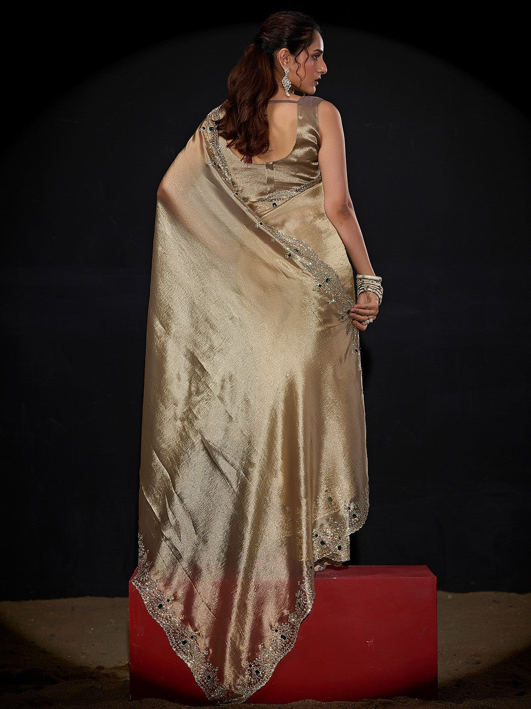 Elegant Chikoo Kanjivaram Silk Saree With Heavy Stone Work & Pure Kundan Border Detailing - Image 2