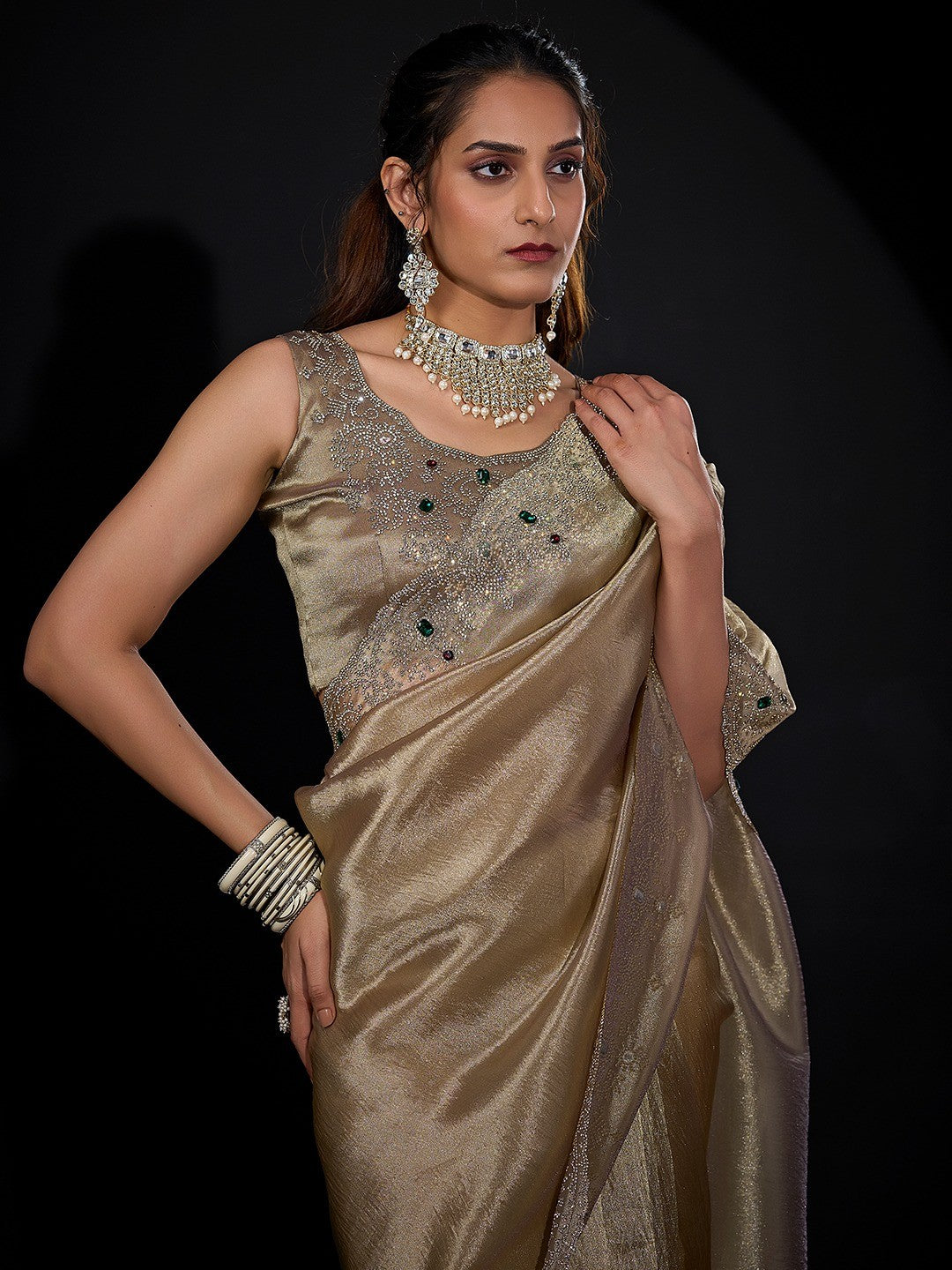 Elegant Chikoo Kanjivaram Silk Saree With Heavy Stone Work & Pure Kundan Border Detailing - Image 4