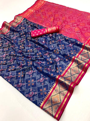 Navy Blue Art Silk Patola Weaving Saree with Fancy Border and Matching Blouse - Image 2