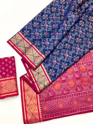 Navy Blue Art Silk Patola Weaving Saree with Fancy Border and Matching Blouse - Image 2
