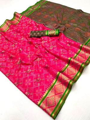Pink Patola Art Silk Weaving Saree with Fancy Woven Border and Blouse - Image 2