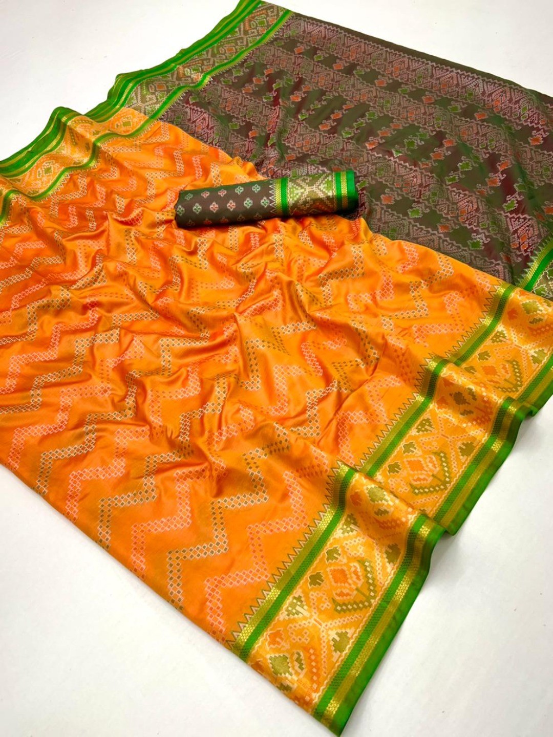 Mustard Zig-Zag Art Silk Patola Weaving Saree with Contrast Border and Blouse - Image 2