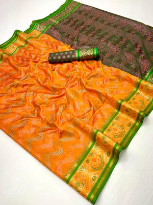 Mustard Zig-Zag Art Silk Patola Weaving Saree with Contrast Border and Blouse - Image 2