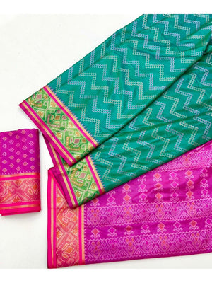Rama Green Art Silk Patola Weaving Saree with Fancy Border and Matching Blouse - Image 2