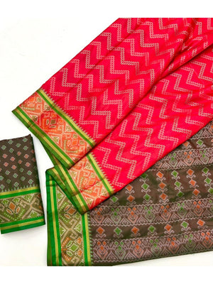Red Zig-Zag Pattern Art Silk Patola Weaving Saree with Contrast Blouse - Image 2
