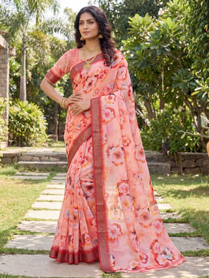 Peach Printed Linen Saree with Floral Motifs Relaxed Graceful Look - Image 1