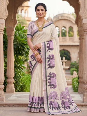 Elegant Cream Linen Saree with Traditional Elephant Print - Image 1