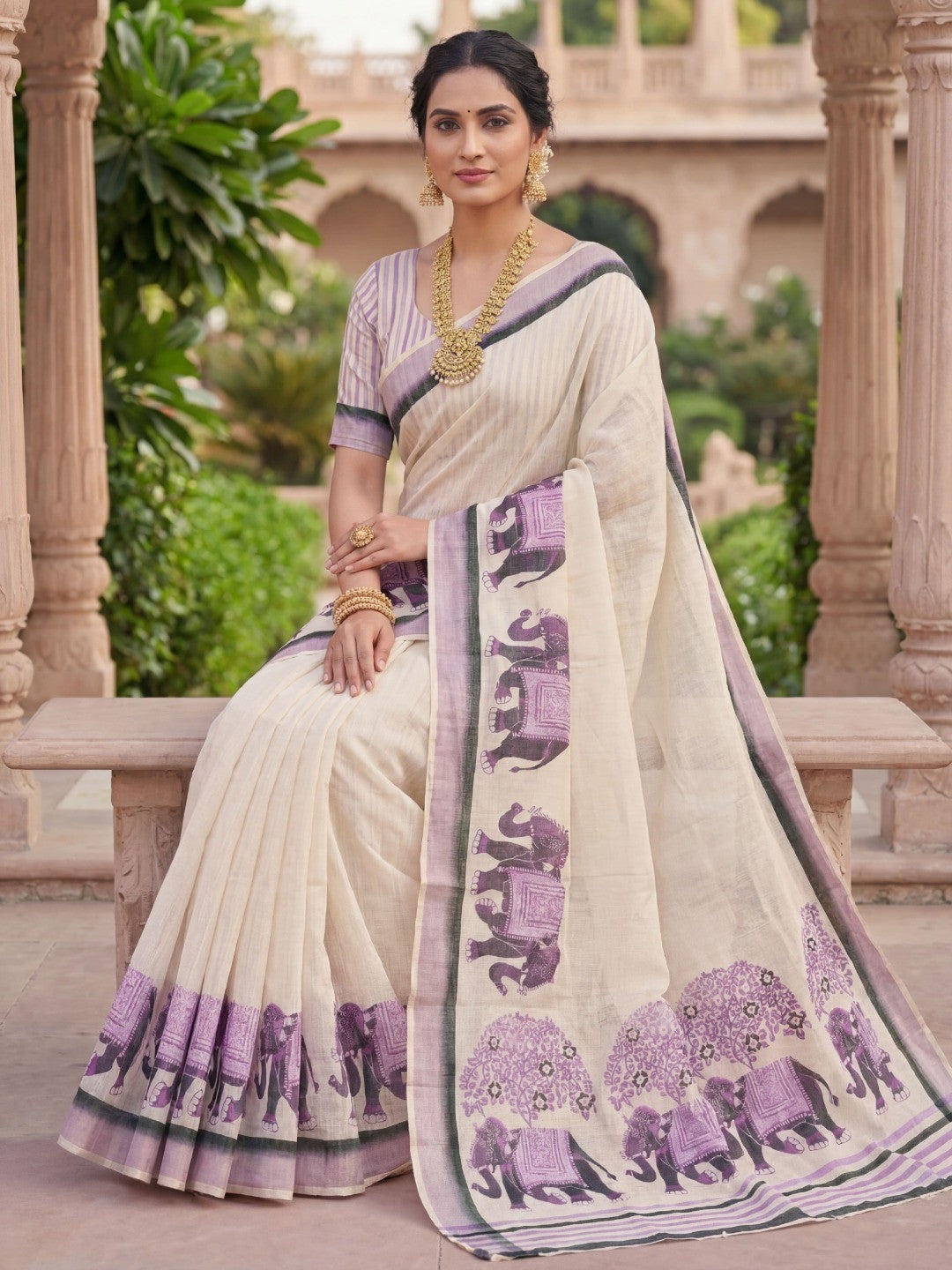 Elegant Cream Linen Saree with Traditional Elephant Print - Image 4