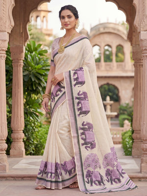 Elegant Cream Linen Saree with Traditional Elephant Print - Image 2