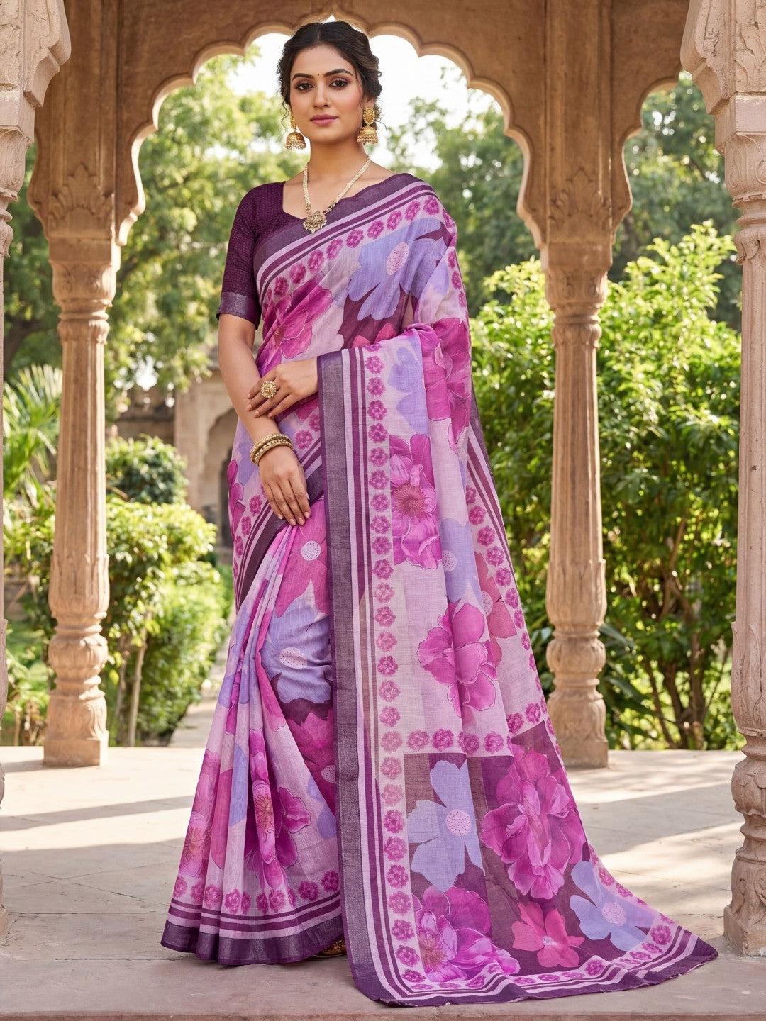 Graceful Purple Linen Saree with Blooming Floral Patterns - Image 1